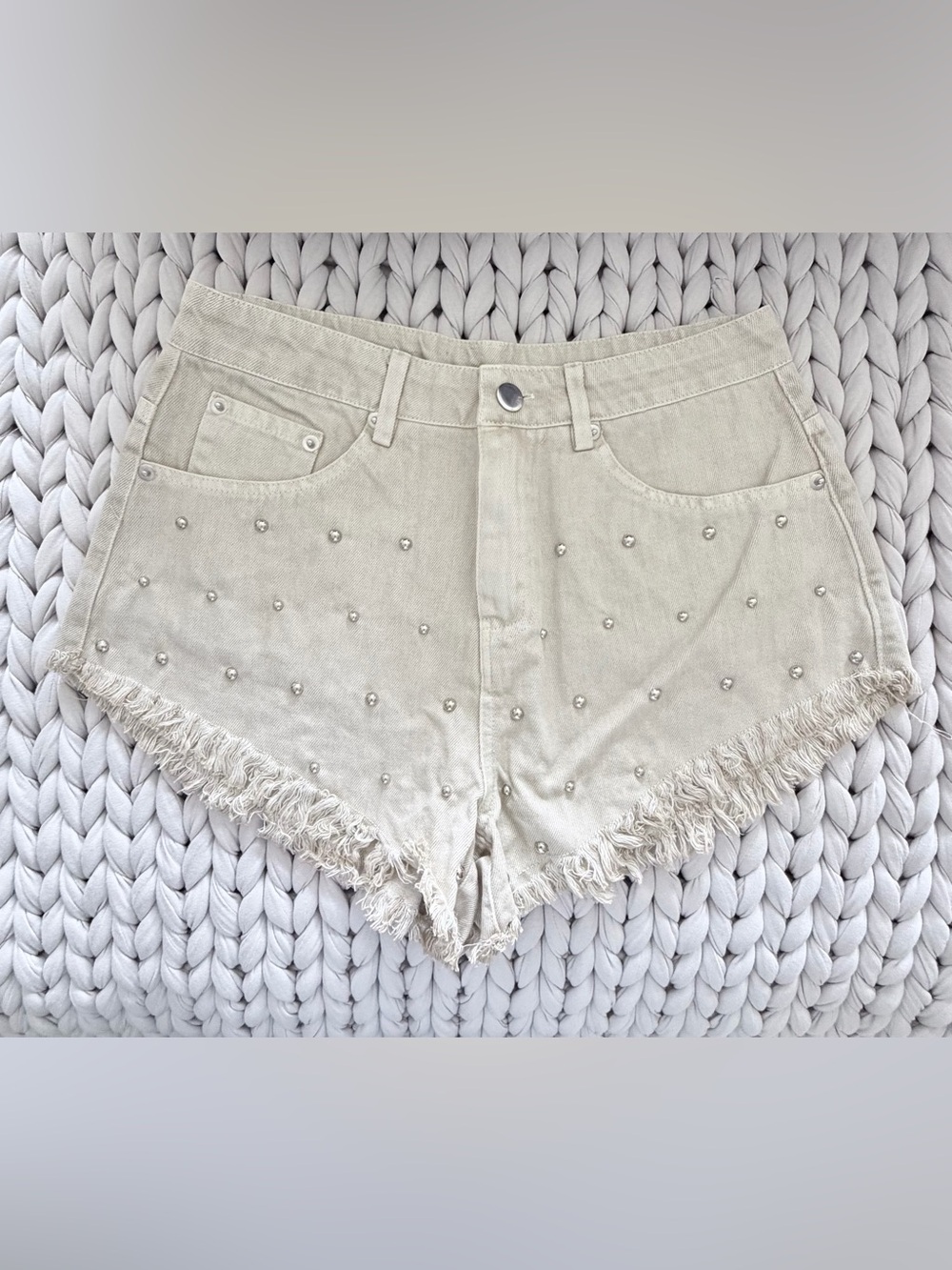 Studded Frayed Hem Denim Shorts - Cream